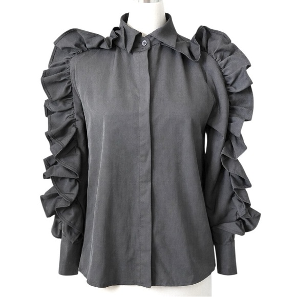 Dramatic Black Zip Ruffle Sleeve Top - Picture 7 of 9